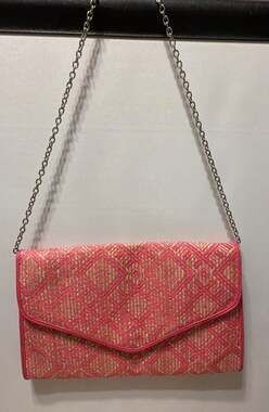 Poppie Pink Woven Geometric Pattern Envelope Clutch Crossbody Bag